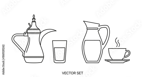 Line Art Vector Icons: Traditional Arabic Dallah, Glass, Pitcher, and Steaming Cup. Diverse Drinkware & Beverage Outline Set.
