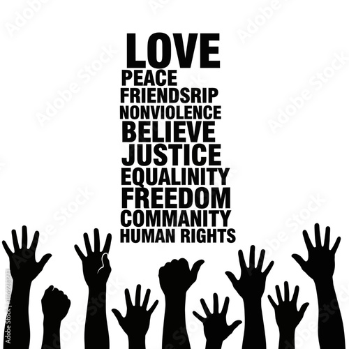 Raised hands with powerful words on human rights and freedom