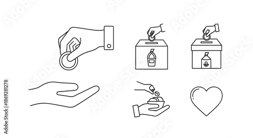 Charity and Donation Line Icons Set. Financial Giving, Help, Support, and Fundraising Vector Outline Symbols for Web.