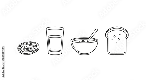 Outline icons of breakfast foods: date, water, cereal bowl, and bread slice. Simple line art for healthy eating and nutrition.