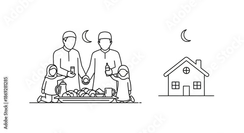Ramadan Iftar: Muslim Family Breaking Fast at Home Under Crescent Moon, Line Art Illustration