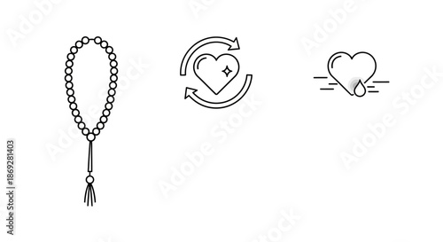 Religious prayer beads, clean heart health, and blood donation icons in a line art vector set.