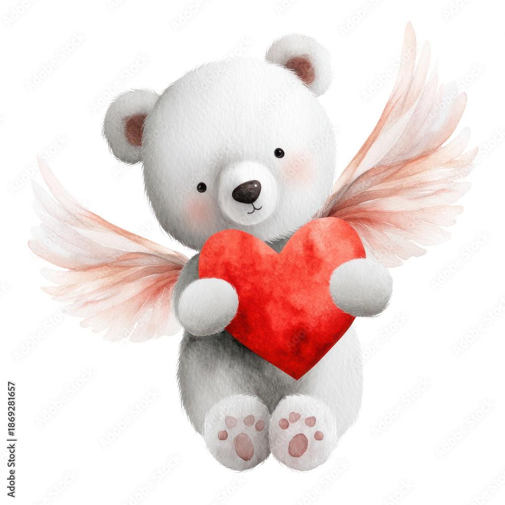 Fototapeta premium Cute bear with angel wings holding a red heart, symbolizing love and affection for Valentine's Day, perfect for romantic celebrations and gifts. Isolated on transparent background
