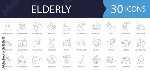Elderly Care Line Icon set. featuring icons of various old, senior, Pensioner, grandparents, caregiver, health care, and more. Linear vector illustration.