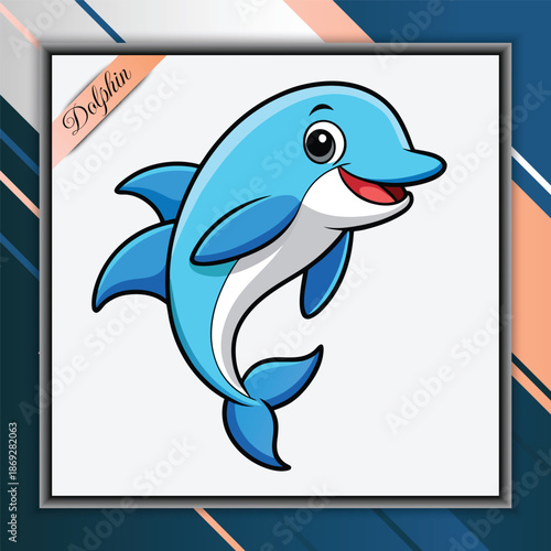 Vibrant and cheerful blue dolphin cartoon character swimming happily, depicted in a playful flat illustration style, ideal for children's designs and aquatic themes