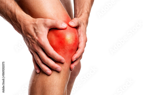 Man holding painful knee joint inflammation arthritis injury sports trauma medical condition severe isolated on white background
