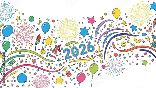 New Year 2026 Celebration with Fireworks and Balloons.