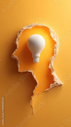 A light bulb is emerging from a torn paper silhouette of a head, symbolizing ideas, creativity, and inspiration against a warm yellow background