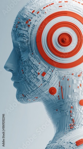 A futuristic humanoid head composed of intricate patterns and vibrant colors, showcasing advanced technology and design