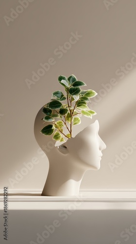 A minimalist sculpture of a head with green leaves emerging from the top, symbolizing nature, creativity, and mindfulness