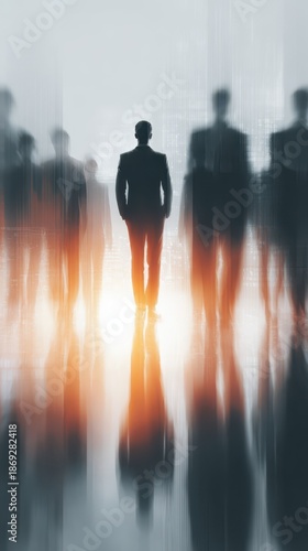 A blurred image of a solitary figure standing confidently in a crowd of shadowy silhouettes, symbolizing leadership and individuality in a corporate setting