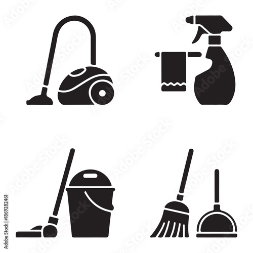 Home cleaning tools silhouette set for complete household maintenance