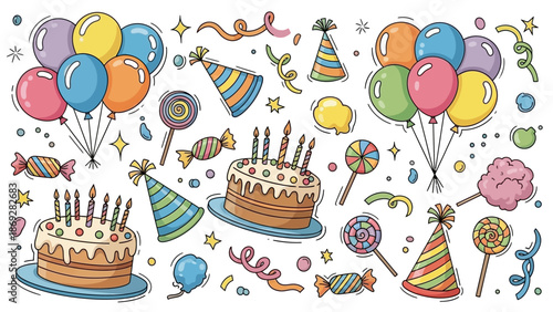 Colorful Birthday Cakes and Party Balloons.