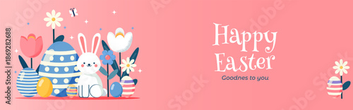  Happy Easter Banner with bunny, with eggs and spring flowers on soft pink background. Festive cartoon design for greeting cards, banners, posters, invitations and seasonal promotions