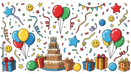 Colorful Birthday Cake with Balloons and Gifts.