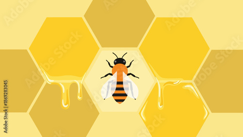 Bee on Honeycomb Cells with Honey.