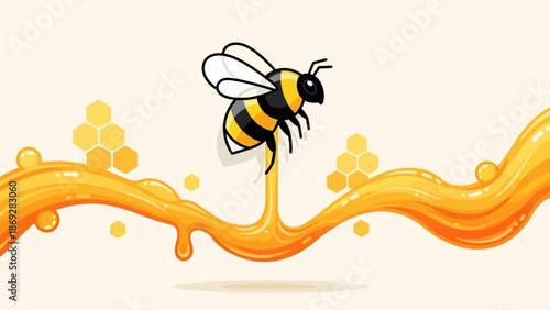 Bee Flying Over Honey Stream Illustration.