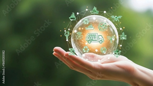 Hand Holding Glowing Eco Transportation Sphere with Sustainable Mobility Icons