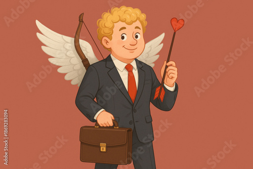 Cartoon cupid character in business suit with white wings holding briefcase and heart arrow, humorous corporate Valentine's Day illustration concept
