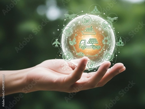 Hand Holding Glowing Eco Transportation Sphere with Sustainable Mobility Icons