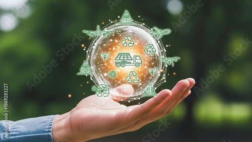 Hand Holding Glowing Eco Transportation Sphere with Sustainable Mobility Icons
