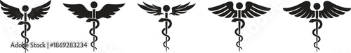 Caduceus and rod of Asclepius medical icon set. Snake entwined around a staff with wings for pharmacy and healthcare symbols, Isolated on transparent background. Vector illustration.