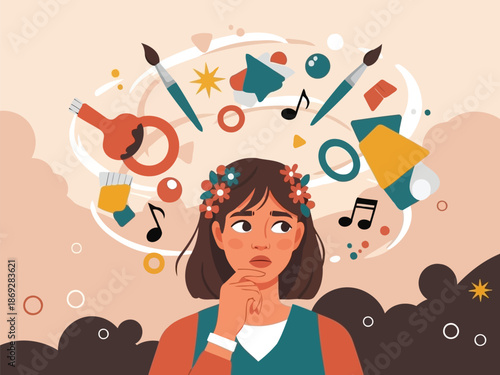 A pensive woman surrounded by chaotic colorful art symbols