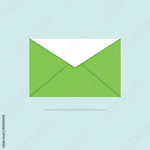 Green envelope open with white interior on light blue background