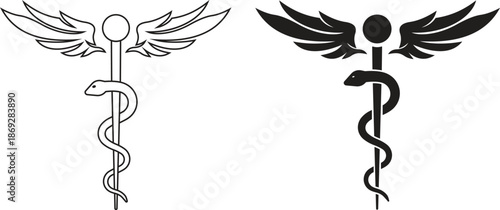 Caduceus and rod of Asclepius medical icon set. Snake entwined around a staff with wings for pharmacy and healthcare symbols, Various outline and solid black silhouette vector illustration.