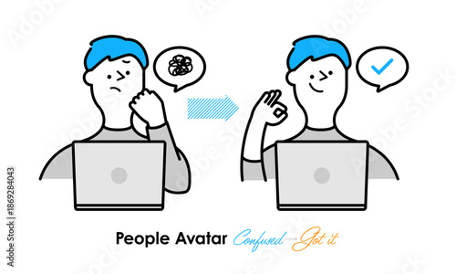 ノートパソコンの前で悩みが解決へ向かう人物アバター｜問題解決,理解,気づき,男性,仕事,思考（水色）