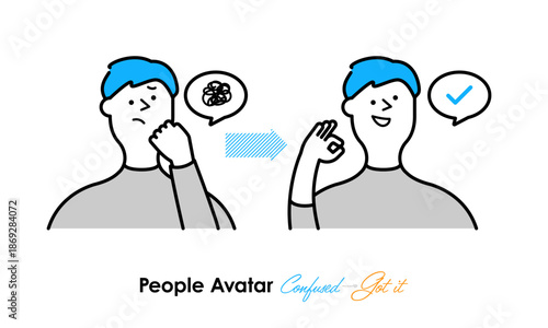 悩みが解決へ向かう人物イラスト｜ビフォーアフター・シンプル線画アバター（水色）