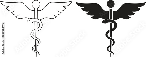 Caduceus and rod of Asclepius medical icon set. Snake entwined around a staff with wings for pharmacy and healthcare symbols, Various outline and solid black silhouette vector illustration.