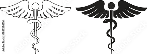 Caduceus and rod of Asclepius medical icon set. Snake entwined around a staff with wings for pharmacy and healthcare symbols, Various outline and solid black silhouette vector illustration.
