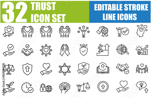 Trust Icon Set - Confidence, Faith, Reliability, Honesty, Security, Handshake, Partnership, Promise, Loyalty, Integrity, Assurance and More - Editable Stroke Vector Illustration 