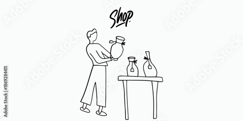 Minimalist Line Art of a Man Shopping for Ceramic Vases at a Local Pottery Shop