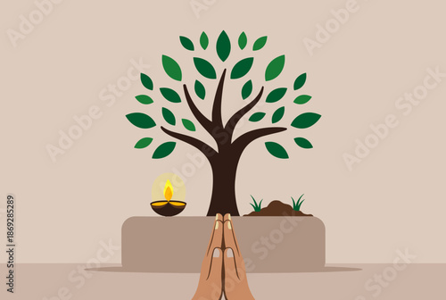Minimalist vector of a tree with a lamp and prayer gesture, symbolizing devotion, sacred ritual, and spiritual awakening.