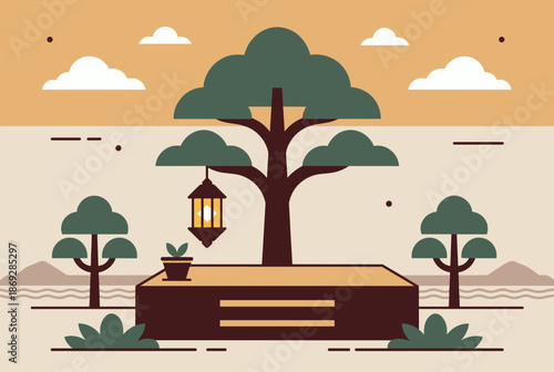 Stylized vector of a tree with a lamp and meditation platform, representing serenity, spiritual grounding, and enlightenment.