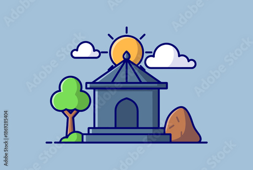 Stylized temple with a sun and clouds, symbolizing divine presence, light, and spiritual enlightenment.