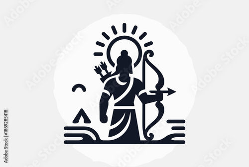 Lord Rama with bow drawn, symbolizing justice, strength, and righteousness in a circular emblem.