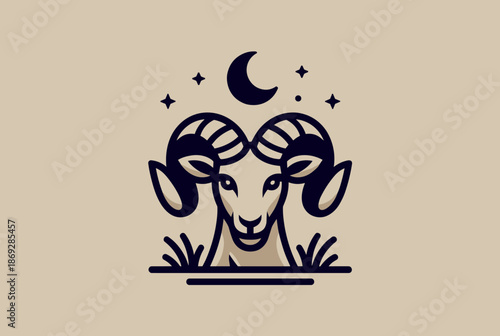 Stylized Aries zodiac symbol with a crescent moon, representing determination, ambition, and cosmic energy.