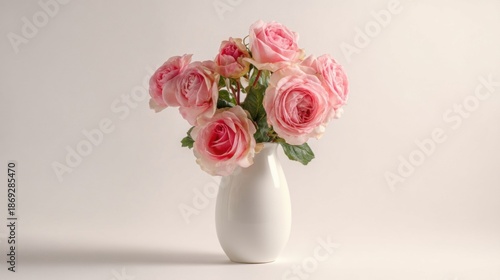 A bouquet of pink roses arranged in a white vase set against a plain beige background.