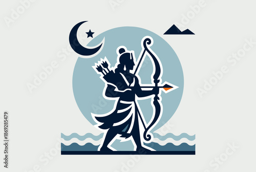 Illustration of Lord Rama with a bow, illuminated under a starry sky, representing divine power, guidance, and righteousness.