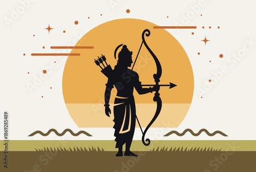 Bold vector of Lord Rama drawing a bow, symbolizing righteousness, divine duty, and strength in the sunset glow.