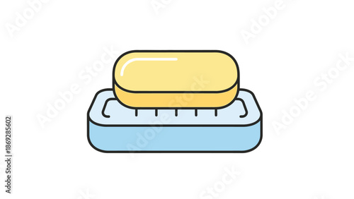 Yellow soap bar on blue soap dish with water drops