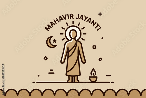 Minimalist line art illustration of Mahavir Jayanti celebration with a central figure, halo, moon, star, and lamp on a beige background.