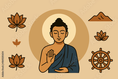 Illustration of Buddha meditating with various Buddhist symbols like lotus flowers, mountains, and the Dharma wheel on a beige background.