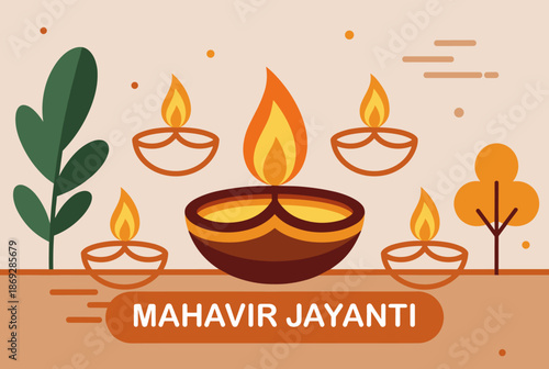 A flat illustration of lit oil lamps (diyas) for Mahavir Jayanti celebration, with stylized plants and warm colors.