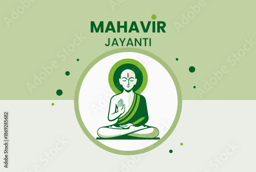 Minimalist illustration for Mahavir Jayanti featuring a meditating figure in green and white tones.