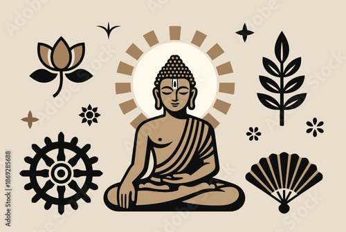 A stylized illustration of Buddha meditating, surrounded by traditional Buddhist symbols like the lotus, Dharma wheel, and Bodhi leaf.