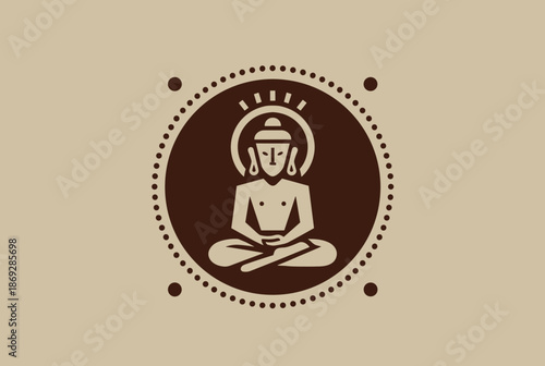 Stylized illustration of a meditating figure, possibly Buddha, in a lotus position within a decorative circular frame on a beige background.